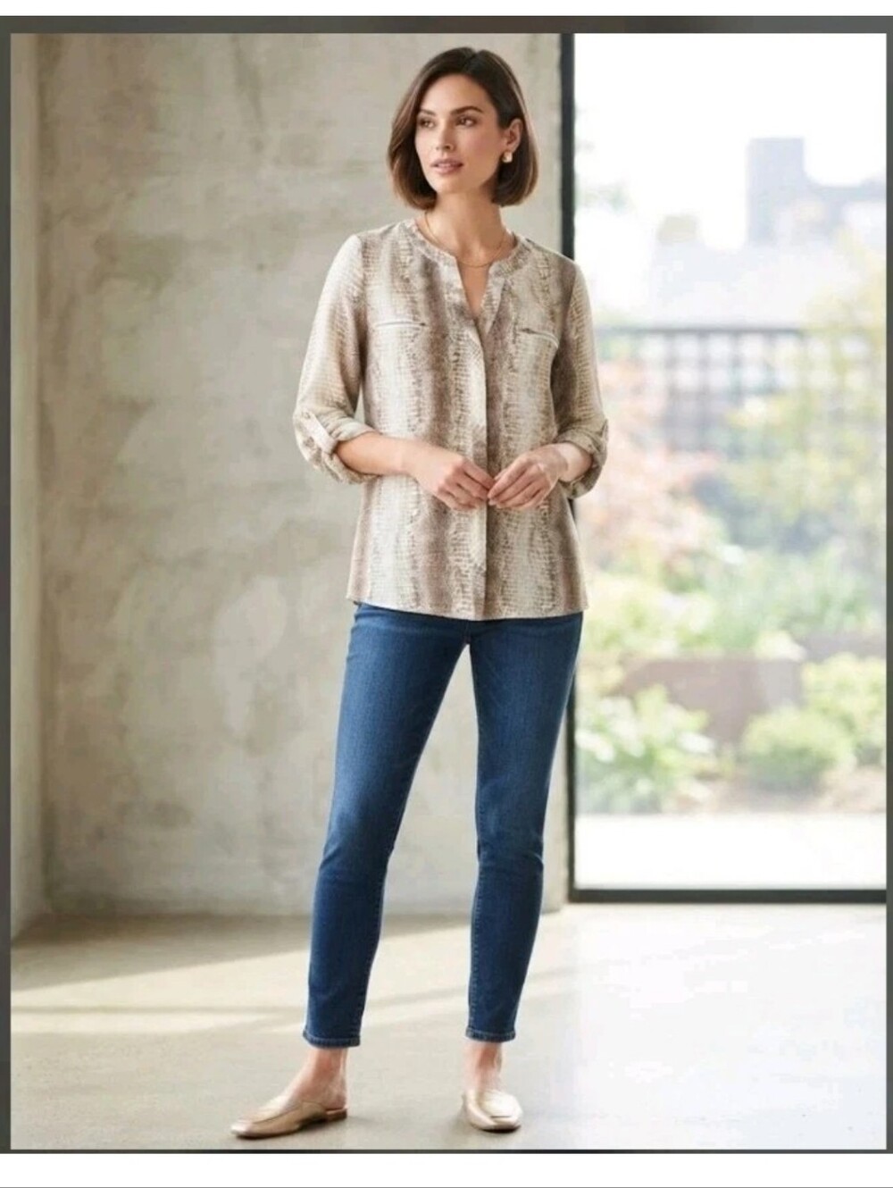 Notations Womens Size Small V-Neck Snakeskin Print 3/4 Sleeves Blouse Top Shirt